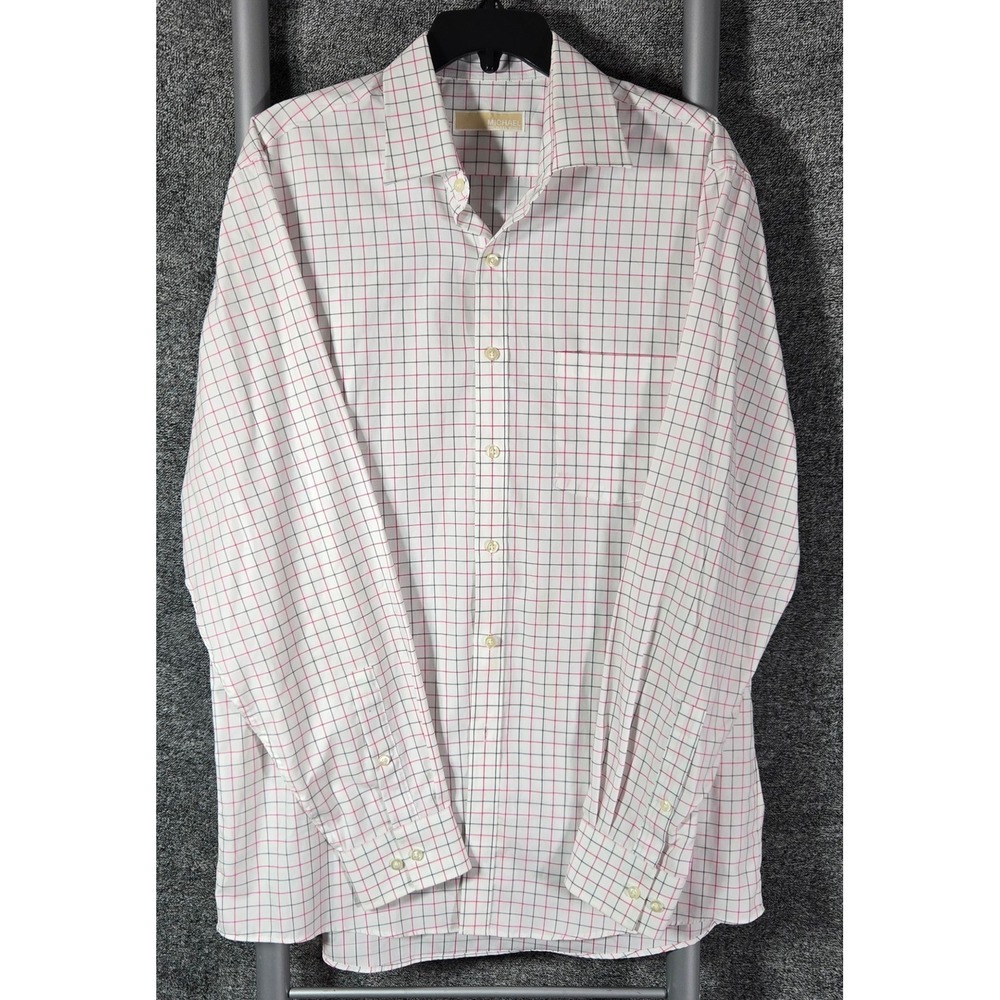 Michael Kors Mens Long Sleeve Button Down Shirt White Pink‎ Black Grid Pattern